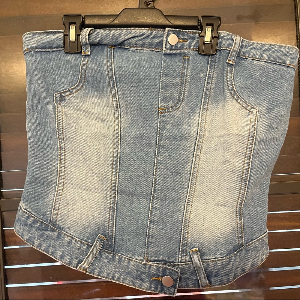 SHEIN Blue Denim Top with Distressed Faded Pattern